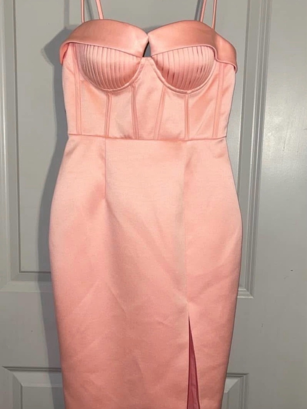 Lavish Alice Blush Pink Strapless Bustier Midi Dress with Front Slit
